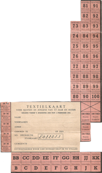 Distributiekaart voor textiel voor mannen en jongens van 15 jaar en ouder - 5 augustus 1940 t/m 1 februari 1941