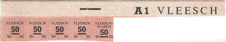 Distributiekaart A1 voor vlees, (A2 en) A3, voor brood, A4 voor eieren, kaas, bloem en reserve (aardappelen) en A5 - eind juni 1941
