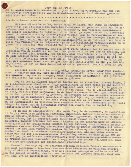 Afschrift van een preek van Clemens August Graf von Galen, bisschop van Münster