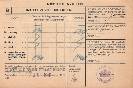 Bewijs van inlevering van metalen op bevel van de Duitse bezetter (door zijn zwager Martinus van Gelder)