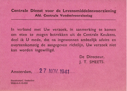 Afwijzing van een verzoek om maaltijden uit de Amsterdamse Centrale Keukens - aanvrager onbekend
