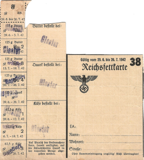 Distributiekaart voor de verstrekking van boter 28e periode - 29 juni t/m 26 juli 1942