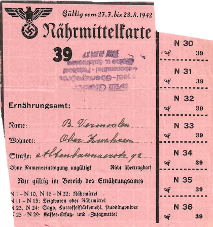 Distributiekaart voor verschillende gerantsoeneerde levensmiddelen 39e periode - 27 juli t/m 23 augustus 1942