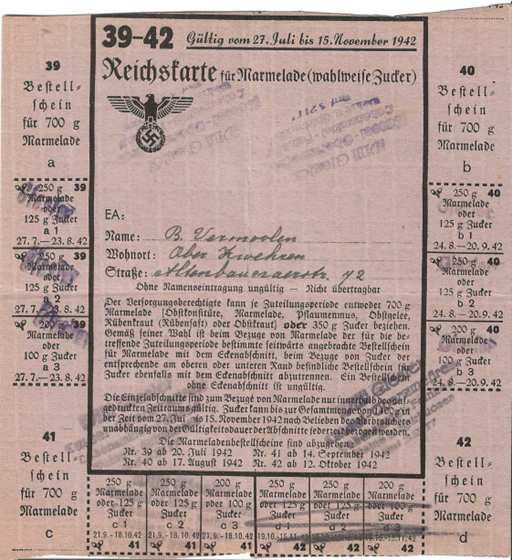 Distributiekaart voor de verstrekking van marmelade periode 39-42 - 27 juli t/m 15 november 1942