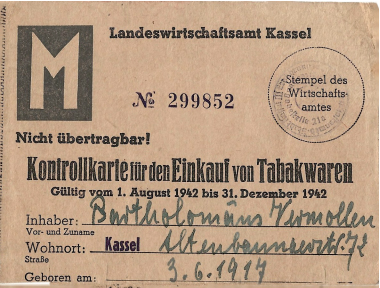 Distributiekaart voor tabakswaren voor mannen - 01 augustus t/m 31 december 1942