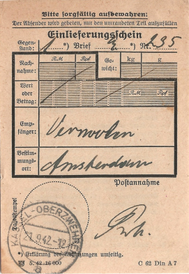 Einlieferungsschein van de Deutsche Reichspost voor een brief aan Vermoolen in Amsterdam, afgegeven bij het postkantoor Kassel-Oberzwehren op 21 september  1942