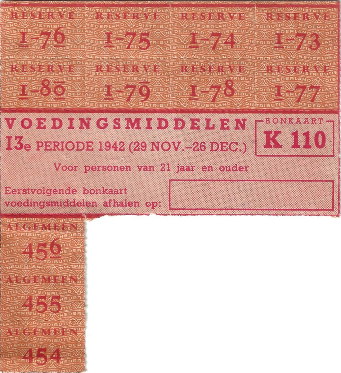 Bonkaart K110 voor de stad wegens rode druk (platteland was zwart) voor voedingsmiddelen 13e periode en 10e uit deze reeks - 29 november t/m 26 december 1942 (van de ouders van Bob Vermoolen)