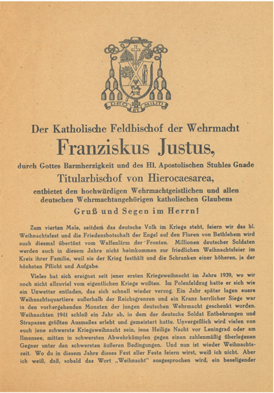 Kerstboodschap van Franziskus Justus, katholiek veldbisschop van de Wehrmacht, gericht aan Duitse soldaten.