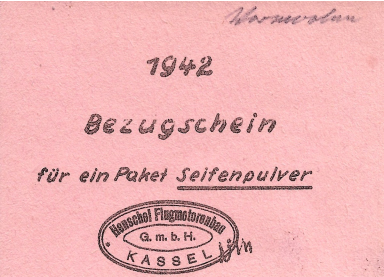 Distributiebon voor een pak zeeppoeder speciaal voor vuile werkkleding afgestempeld bij Henschel - Bob Vermoolen - 1942.