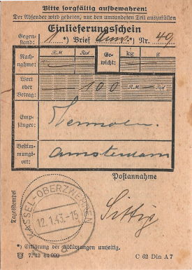 Einlieferungsschein van de Deutsche Reichspost voor een Postwissel van 100 Reichsmark aan Vermoolen in Amsterdam, afgegeven bij het postkantoor Kassel-Oberzwehren op 12 januari 1943