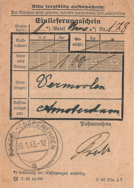 Einlieferungsschein van de Deutsche Reichspost voor een Postwissel van 100 Reichsmark aan Vermoolen in Amsterdam, afgegeven bij het postkantoor Kassel-Oberzwehren op 30 januari 1943
