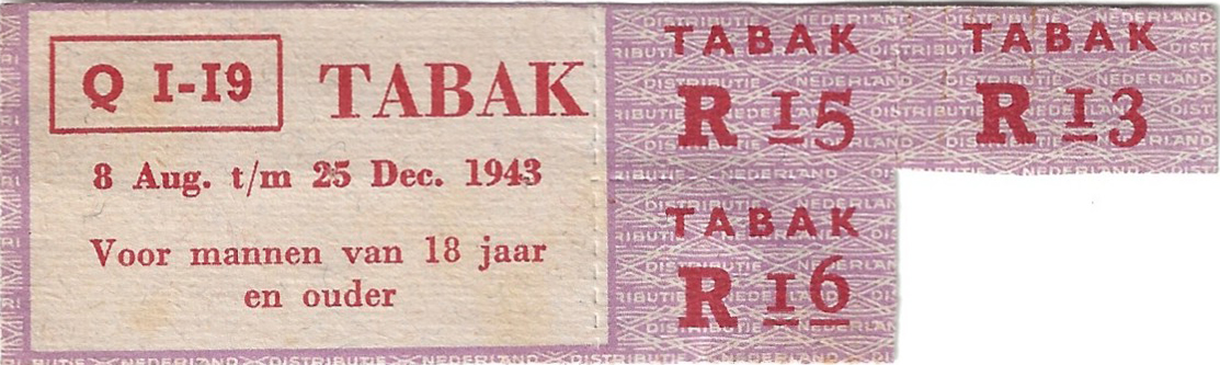 Bonnen van distributiekaart voor Tabak Q1-19 voor mannen met nummer R13, R15 en R16 (serie 6) -  8 augustus t/m 25 december 1943