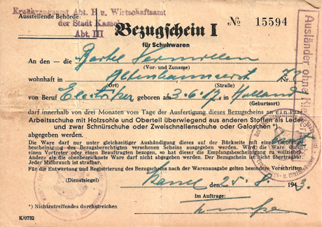 Rantsoenbon voor werkschoenen (met  stempel ‘Ausländer ohne Kleiderkarte’)