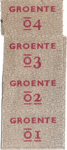 Bonnen van een Groentenkaart voor de stad wegens rode druk  (platteland was zwart) 1 t/m 4 - vermoedelijk begin 1943