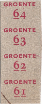 Bonnen van een Groentenkaart voor de stad wegens rode druk  (platteland was zwart) 61 t/m 64 (zelfde achtergrond print als 1/t/m 4)  - vermoedelijk rond 1943/1944