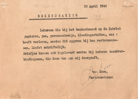 Bekendmaking: Verzoek van de Nederlandes vertrouwensman op Mattenberg om het verlies van persoonlijke bezittingen na een bombardement op de fabriek schriftelijk te melden