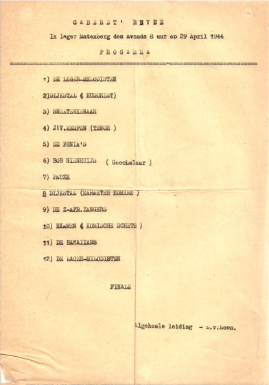 Programma van de Hollandse avond caberet revue in het lager Matenberg
