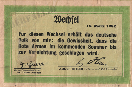 Amerikaans propagandablad (USG 35), vermoedelijk rond apil 1940 in de buurt van Kassel uitgeworpen, met een kaart die laat zien wat er van Hitlers voorspelling over de vernietiging van het Rode Leger was uitgekomen.