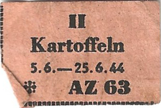 bonnen voor aardappelen waarschijnlijk onderdeel van de Wochenkarte AZ 63 voor buitenlandse burgerarbeiders (ausländische Zivilarbeiter), 63e distributieperiode - 29 mei t/m 25 juni 1944.
