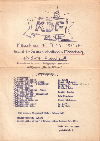 Programma van een bonte avond georganiseerd door Kraft durch Freude van het Deutse Arbeitsfront met medewerking van o.a. de Henschel Flug Moterenfabriek groep 'Bunte Bühne' 