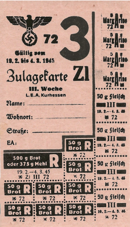 Distributiekaart 72ZL als aanvulling voor personen met zwaar werk (extra brood, margarine, vlees en keuze uit spek, varkensvet of reuzel) - 72e periodederde week - 19 februari t/m 4 maart 1945.