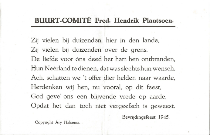 Herdenkingsdrukwerk uitgegeven door het Buurt-Comité Frederik Hendriksplantsoen bij de bevrijdingsfeesten van 26-27-28 juni 1945 in Amsterdam