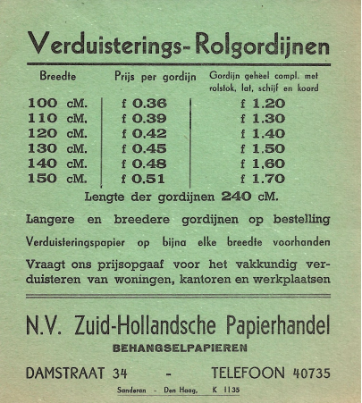 Reclamekaart met prijslijst voor verduisteringsrolgordijnen en verduisteringspapier, N.V. Zuid-Hollandsche Papierhandel te Den Haag