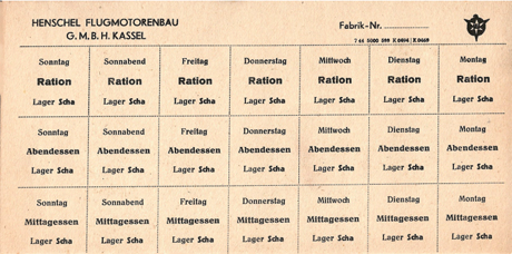 Ongebruikte weekkaarten met eetbonnen voor Henschel-woonlager Scha