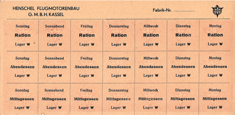 Ongebruikte weekkaarten met eetbonnen voor Henschel-woonlager W
