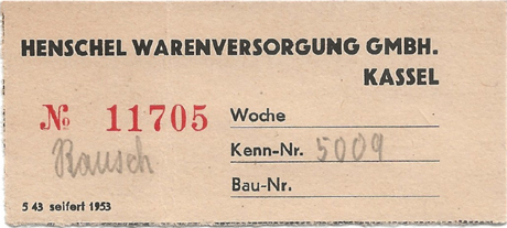 Maaltijdkaartje  voor bedrijfsvoeding met het persoonsnummer waarschijnlijk van Rausch, 05009