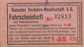 Rittenboekje (32813) met twaalf vervoerbewijzen voor 1–2 tariefdeeltrajecten in Kassel, met overstapmogelijkheid op tram, aansluitende autobus en Herkulesbahn