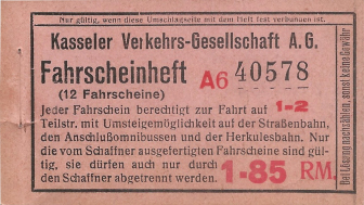 Rittenboekje (40578) met twaalf vervoerbewijzen voor 1–2 tariefdeeltrajecten in Kassel, met overstapmogelijkheid op tram, aansluitende autobus en Herkulesbahn