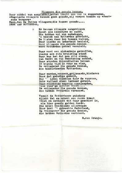 Gedicht van Anton van Atten alias Hein van Oranje,  Vliegers die genade kennen  verwijzend naar de propaganda poster Engelsche Vliegers kennen geen genade voor vreedzame burgers